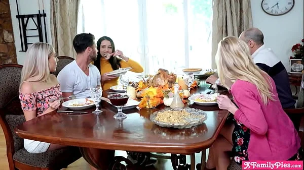 Stepsister teens both want his cock for Thanksgiving